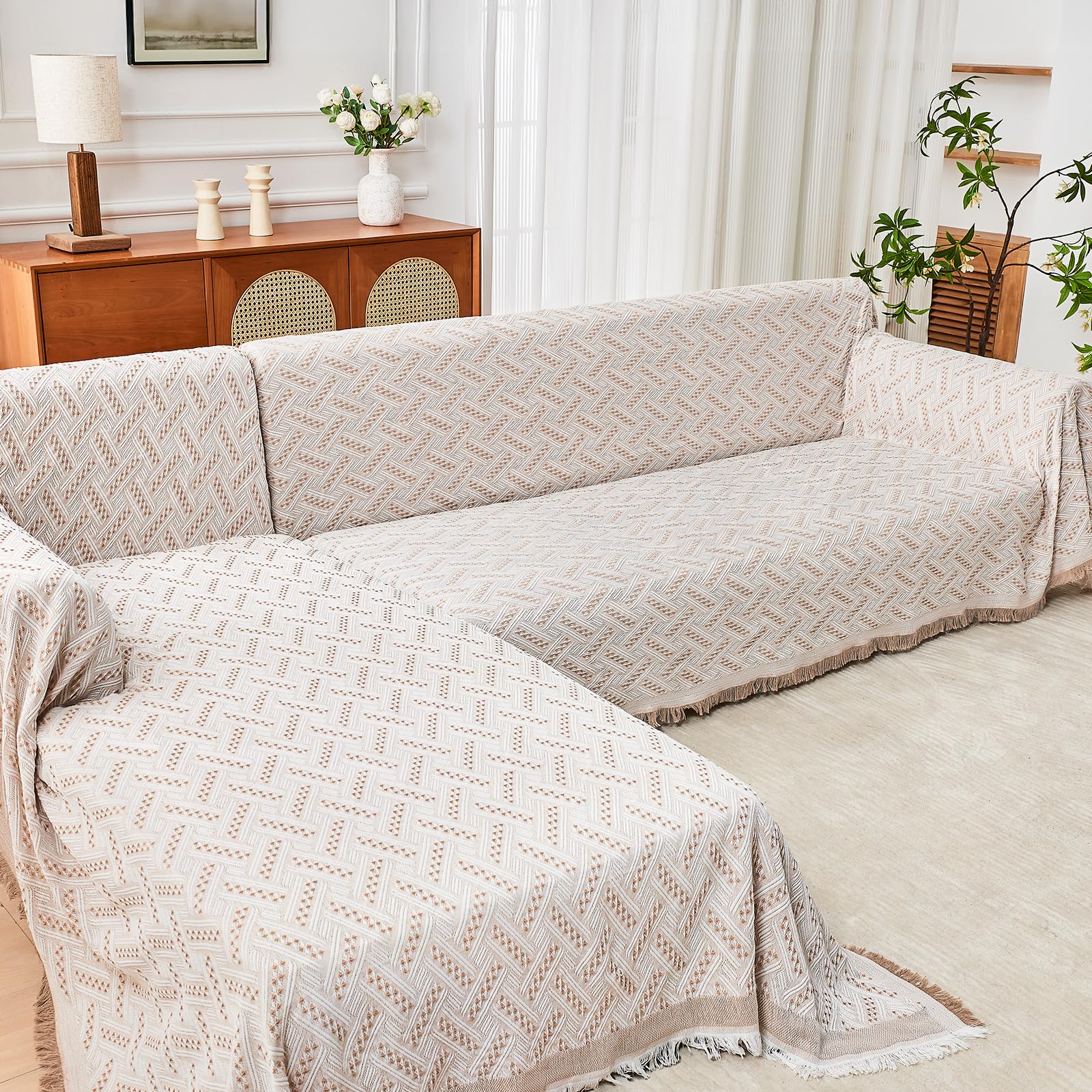 HOMERILLA 2 Piece Sectional Couch Cover for L Shape Sofa Khaki White XL
