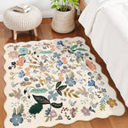 Floral Square Area Rugs for Family: Washable 5x5 Scalloped Carpet for Living Room Bedroom Soft Water Resistant Floor Mat with Non Slip Backing for Kitchen Nursery Dorms Farmhouse Home Decor(5x5,Cream)