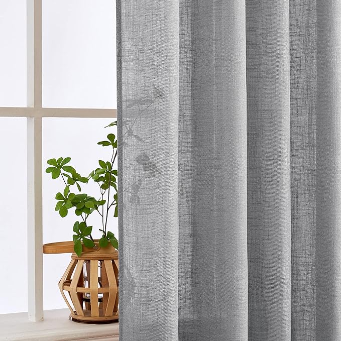 MIULEE Grey Linen Curtains 108 Inches Long for Bedroom Living Room, Soft Thick Linen Textured Window Drapes Gray Semi Sheer Light Filtering Rod Pocket Back Tab Burlap Look Farmhouse Decor, 2 Panels