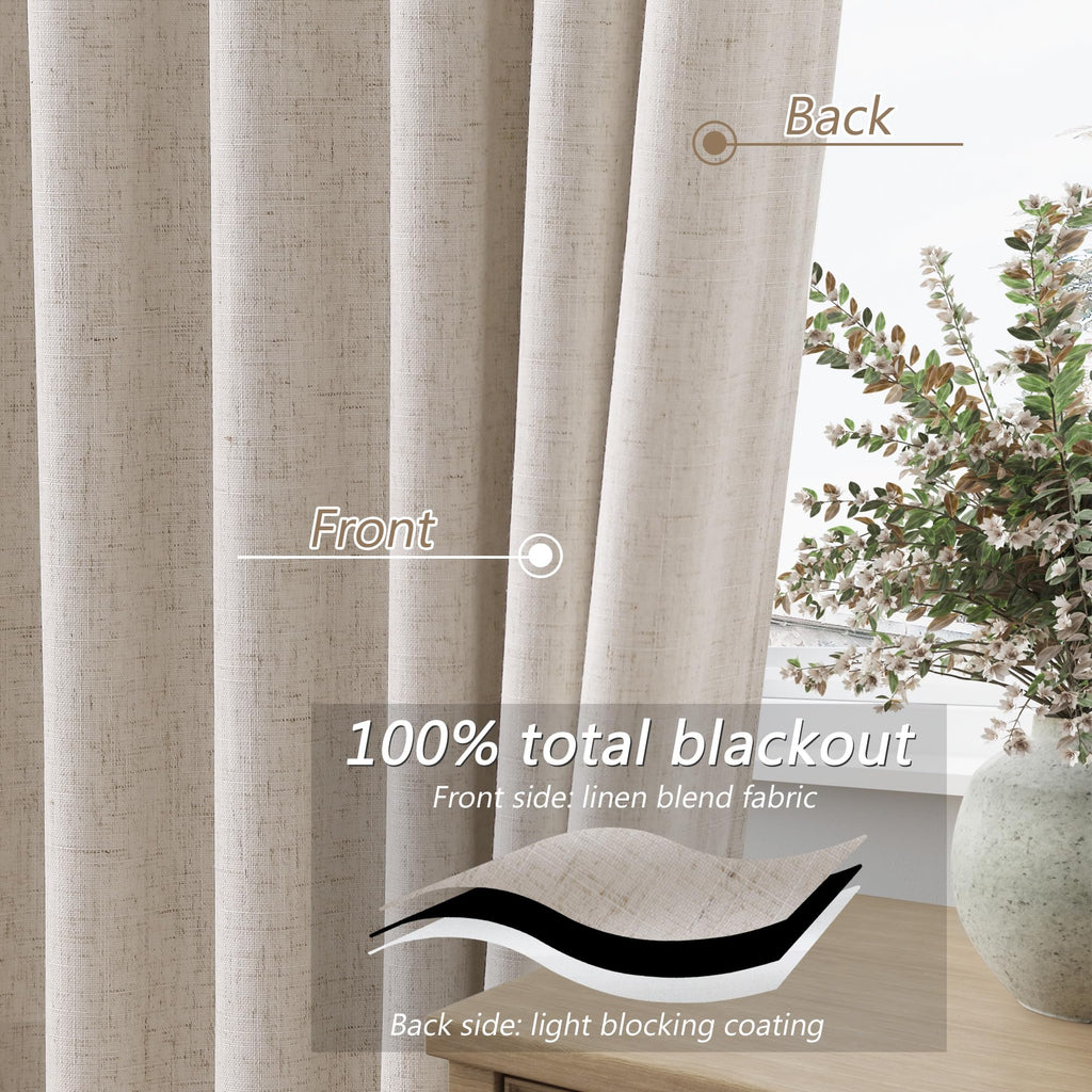 Guken 100% Blackout Curtains 90 Inch Length 2 Panels Set for Living Room Bedroom Back Tab Thermal Insulated Black Out Linen Drapes Room Darkening Window Curtains 90 Inches Long, Sand Beige