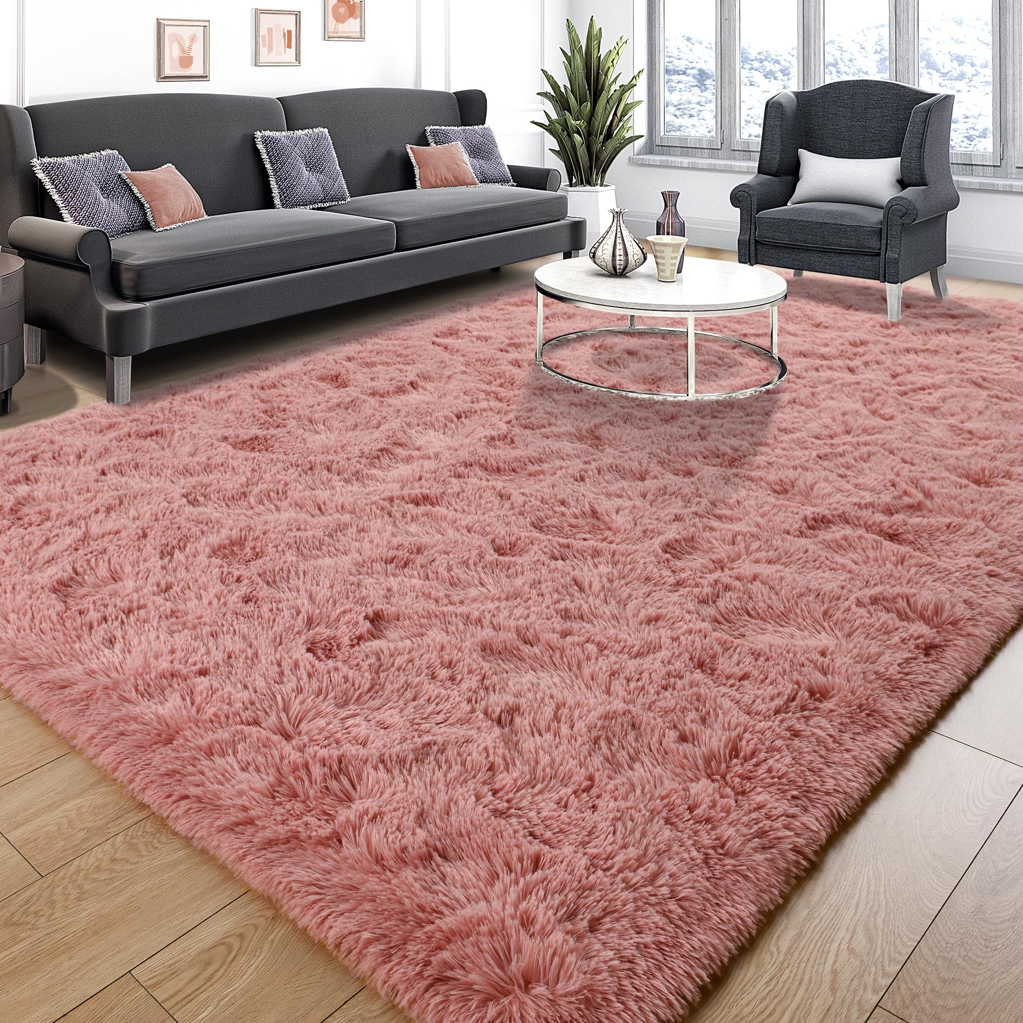 Tepook Blush Pink Area Rugs for Living Room Girls Bedroom, 9x12 Fluffy Shaggy Dusty Pink Rug for Kids Room Playroom, Plush Shag Non-Slip Carpet for Nursery Dorm Classroom, Cute Rose Beige Rug