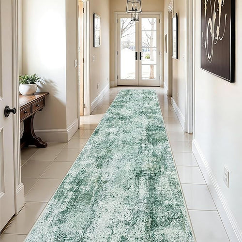 3x10 Washable Runner Rug for Hallway: Non Slip Runners Rugs Easy-to-Clean - Soft Living Room Bedroom Kitchen Carpet - Thin Low Pile Printed Floor Mat for Dining Room Green