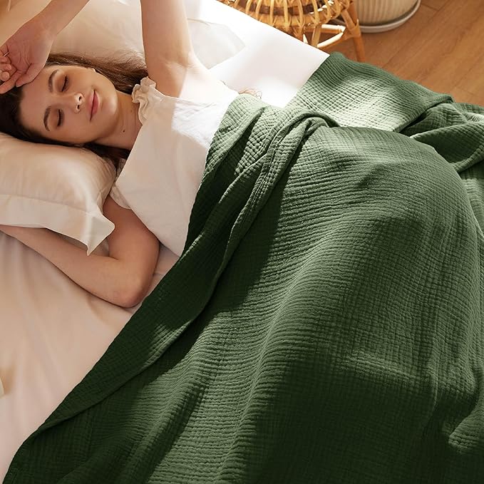 Bedsure 100% Cotton Muslin Throw Blanket Twin XL for Bed - 4-Layer Breathable and Lightweight Soft Gauze Muslin Blankets for Adults, Thin Summer Blanket for College Dorm, Olive Green, 66x90 Inches