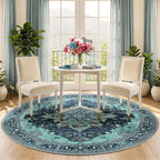 RELEANY Area Rugs 5ft Washable Non-Slip, Floral Vintage Distress Print Pattern Medallion Carpet for Living Room Bedroom Dining Room, Teal Green Lake Blue Turquoise