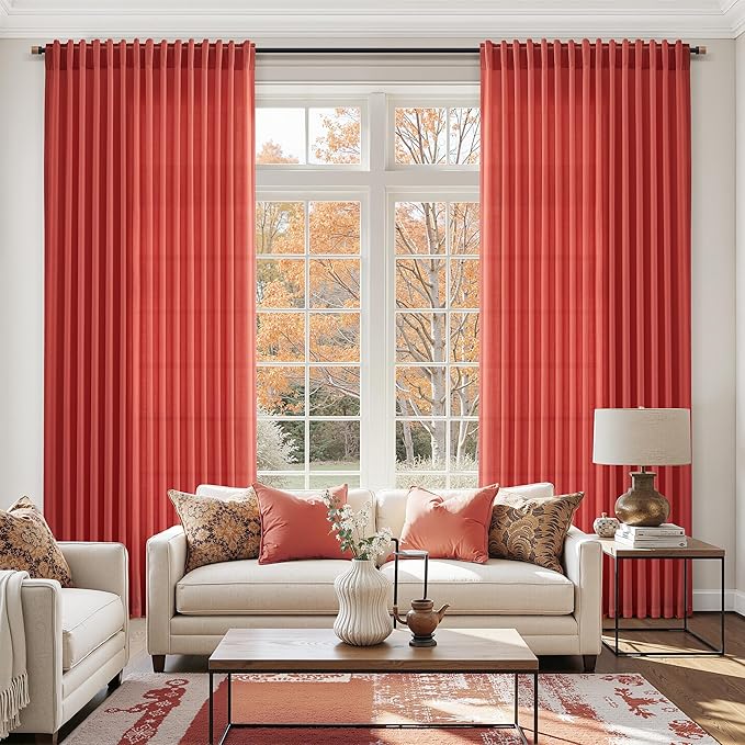 Christmas Red Linen Curtains 108 Inches Long for Living Room Light Filtering Semi Sheer Curtain Back Tab Vintage Neutral Rustic Home Decor Floor to Ceiling High Window for Bedroom 52x108,2 Panels