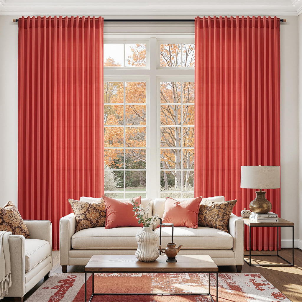 Christmas Red Linen Curtains 72 Inches Long for Living Room Light Filtering Semi Sheer Curtain Back Tab and Rod Pocket Vintage Rustic Luxury Home Decor Neutral Drapes for Bedroom 52x72, 2 Panels