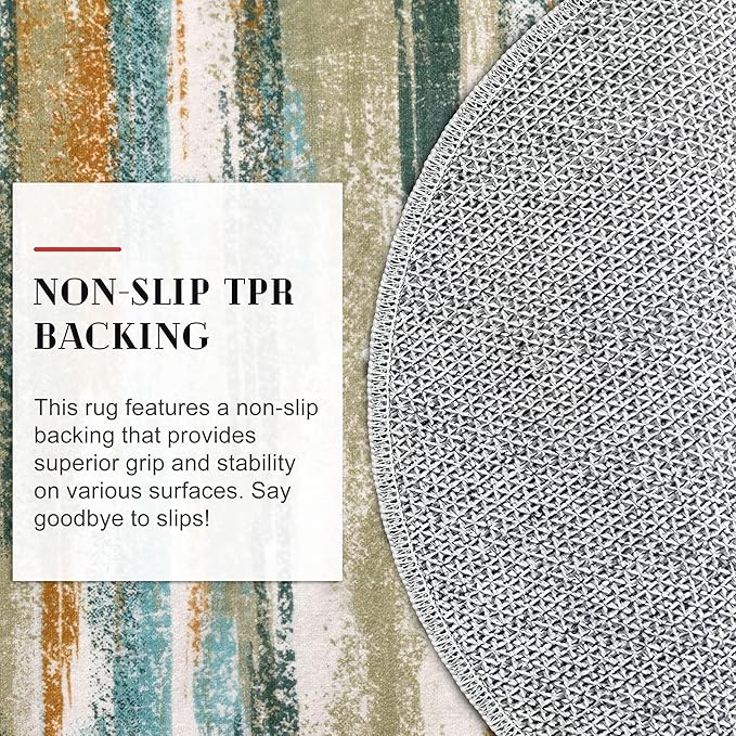 Lansny Modern Abstract Round Rug 5Ft, Green Mustard Multi Small Washable Non-Slip Circle Rug, Soft Circular Dining Room Rug Thin Print Faux Wool Carpet for Bedroom Living Room Office Playroom