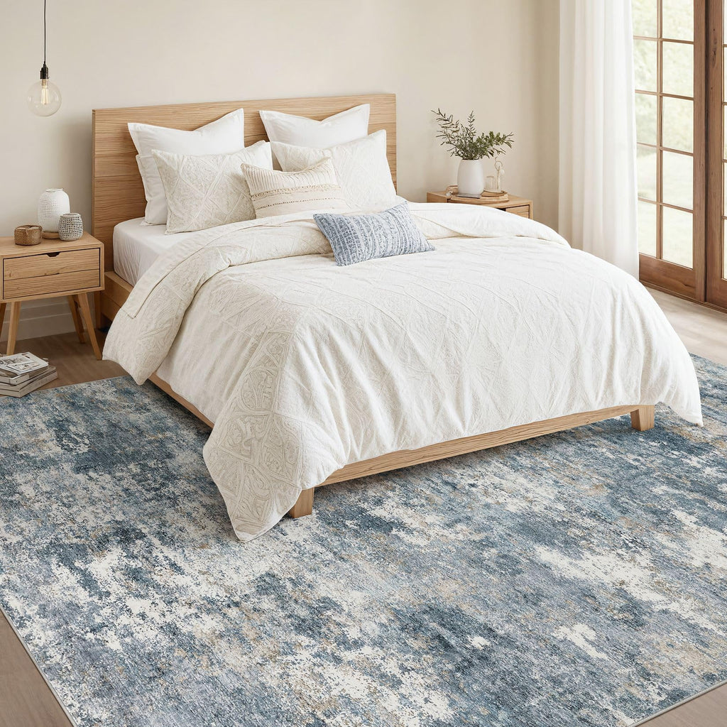 Nakagishi 8x10 Area Rugs Living Room: Washable Abstract Large Neutral Soft Rug Stain Resistant Modern Indoor Floor Non-Slip Carpet for Bedroom Nursery Kids Playroom Office Dining Room Dorm-Blue Brown