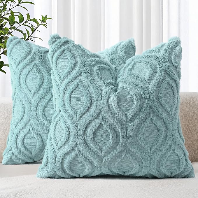 decorUhome Summer Throw Pillow Covers 16x16 Inch Set of 2, Soft Plush Faux Wool Aqua Solid Couch Pillow Covers, Accent Farmhouse Neutral Square Pillow Cases for Sofa Bed Living Room