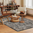 Washable Area Rug 4' x 6' Vintage Traditional Persian Mat - Foldable Distressed Non-Slip Machine Washable Carpet for Living Room Bedroom Kitchen Home Decor - Ebony and Taupe