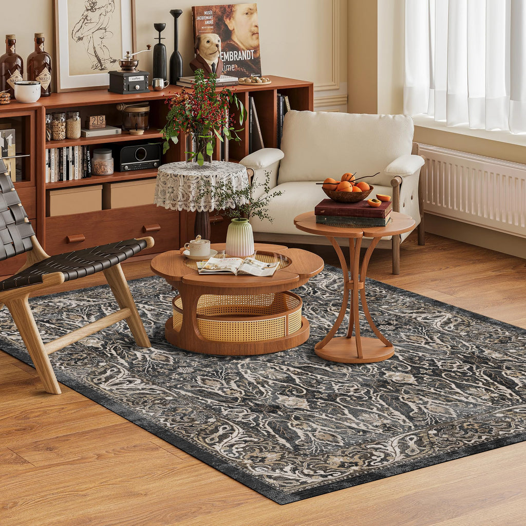 Washable Area Rug 8' x 10' Vintage Traditional Persian Mat - Foldable Distressed Non-Slip Machine Washable Carpet for Living Room Bedroom Kitchen Home Decor - Ebony and Taupe