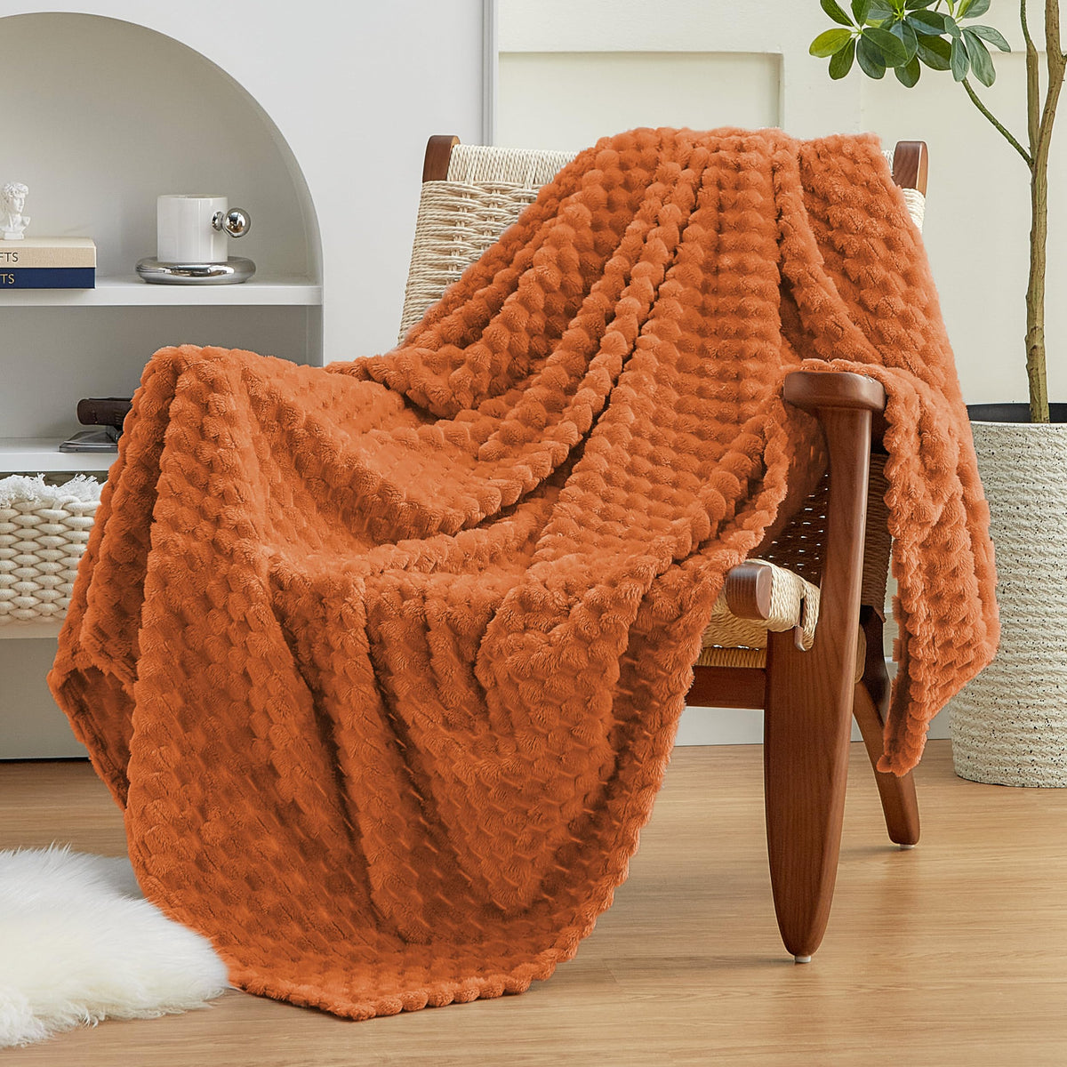 EXQ Home Blue Fleece Throw Blanket for Couch or Bed Waffle Pattern Decor