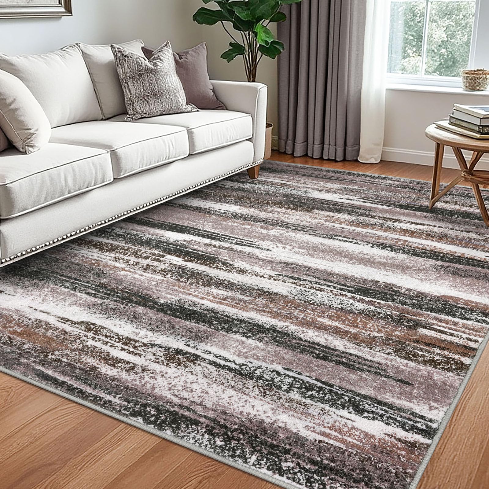 Lansny Modern Abstract 5x7 Machine Washable Area Rug Non-Slip Soft Bedroom Living Romm Rug Dark Light Brown White Ultra Thin Print Faux Wool Floor Carpet Throw Rugs for Dining Room Indoor Office