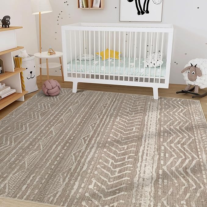 Nakagishi 7x9 Area Rugs Living Room: Washable Boho Large Neutral Soft Farmhouse Rug Stain Resistant Modern Geometric Non-Slip Indoor Floor Carpet for Bedroom Nursery Kids Playroom Office Dining Room
