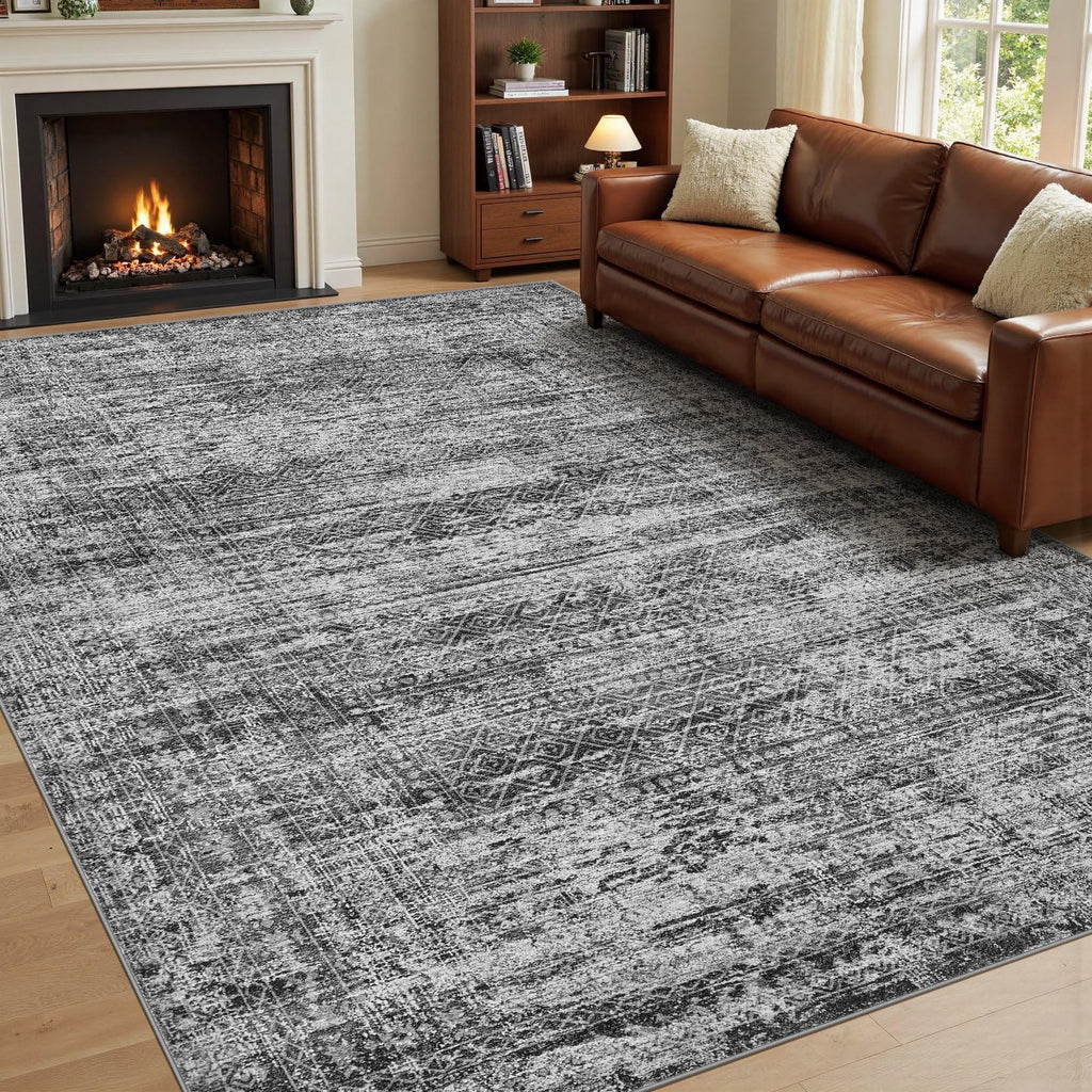 UERMEI 10x14 Area Rug Living Room Rugs - Washable Neutral Modern Abstract Soft Thin Rug Indoor Floor No Slip Rug Carpet for Bedroom Under Dining Table Home Office Decor - Dark Gray