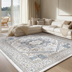 OPPODREAM Soft Neutral Area Rugs 9x12 Living Room, Washable Rugs 9x12 with Non Slip Backing, Faux Cashmere Low-Pile 9 x 12 Carpet, Cream White & Blue & Light Brown