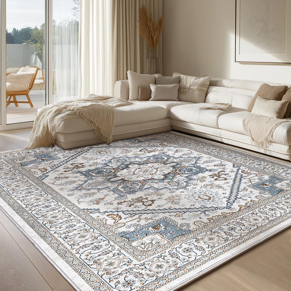 OPPODREAM Soft Area Rugs 6x9, Persian-Inspired Washable Rug, Cream White & Blue