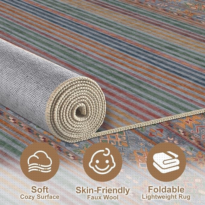 Nakagishi 5X7 Area Rugs Living Room: Washable Large Vintage Rug Neutral Non-Slip Soft Stain Resistant Indoor Carpet for Bedroom Nursery Dining Room Office Playroom - Multi Color