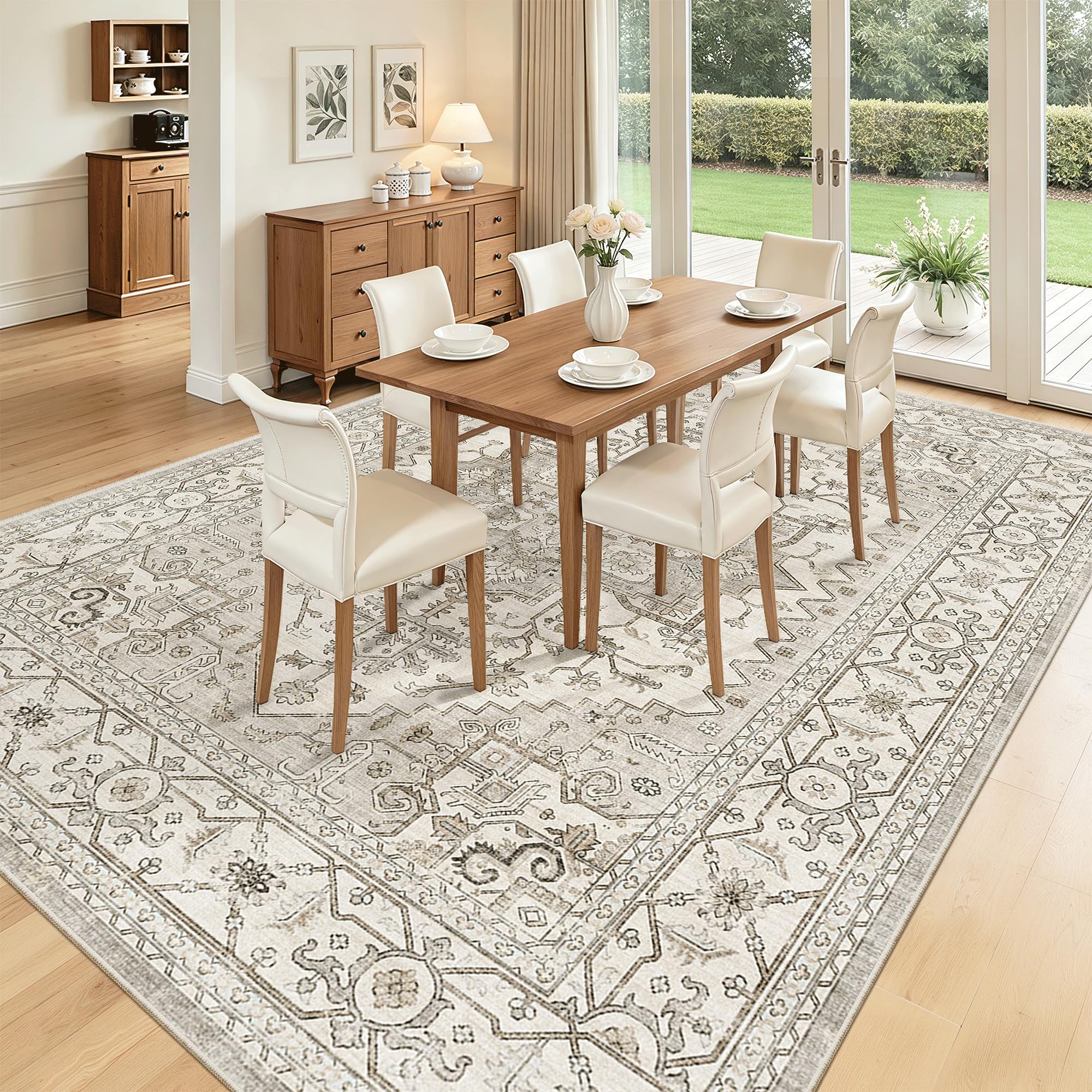 Madane 8x10 Area Rugs for Living Room, Non-Slip Washable Rug, Beige/Brown