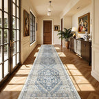 Washable Runner Rug 2.5x14, Non-Slip Long Kitchen Mats for Floor, Vintage Rug for Entryway, Soft Hallway Runner for Dining Room, Bedroom, Living Room(Blue/Beige,2.5'x14')