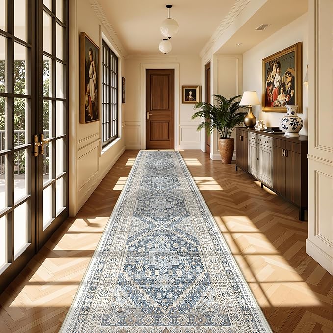 Washable Runner Rug 2.5x16, Non-Slip Long Kitchen Mats for Floor, Vintage Rug for Entryway, Soft Hallway Runner for Dining Room, Bedroom, Living Room(Blue/Beige,2.5'x16')