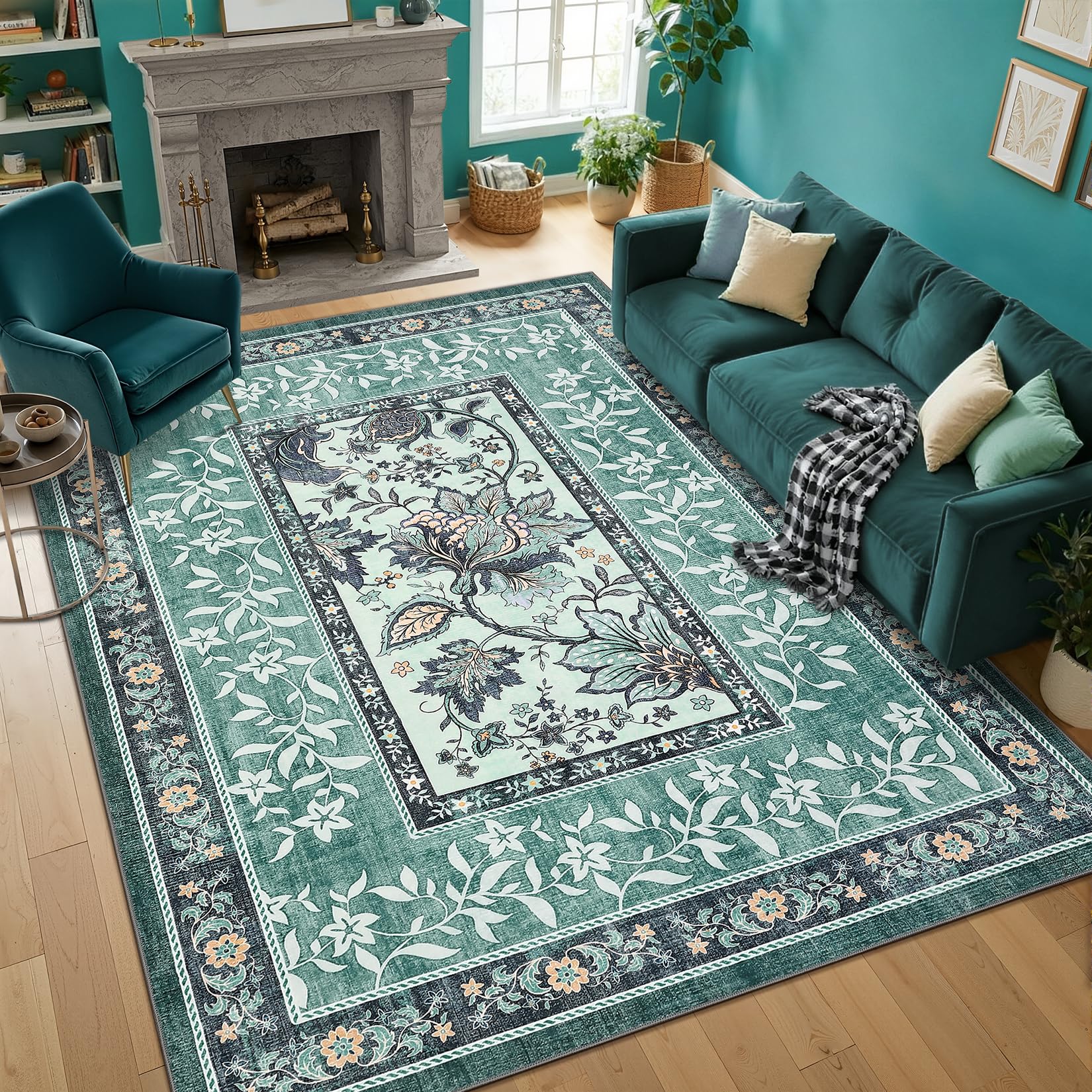 GarveeHome Teal 8x10 Area Rugs for Living Room, Botanical Grove Cottagecore Washable Rug for Bedroom Dining Nursery Low-Pile Vintage Large Carpet