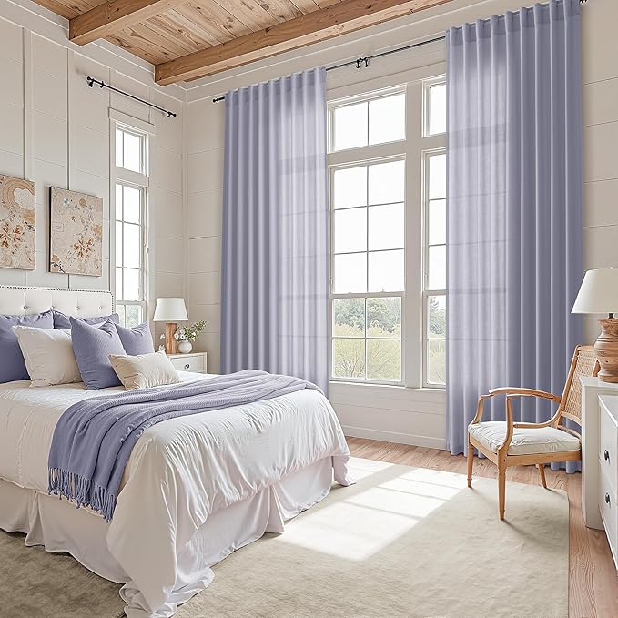 Nanspring Lavender Purple Linen Curtains 102 Inches Long for Living Room Boho Decor Light Filtering Semi Sheer Curtain Back Tab and Rod Pocket Modern Luxury Drapes for Bedroom Office 52x102, 2 Panels