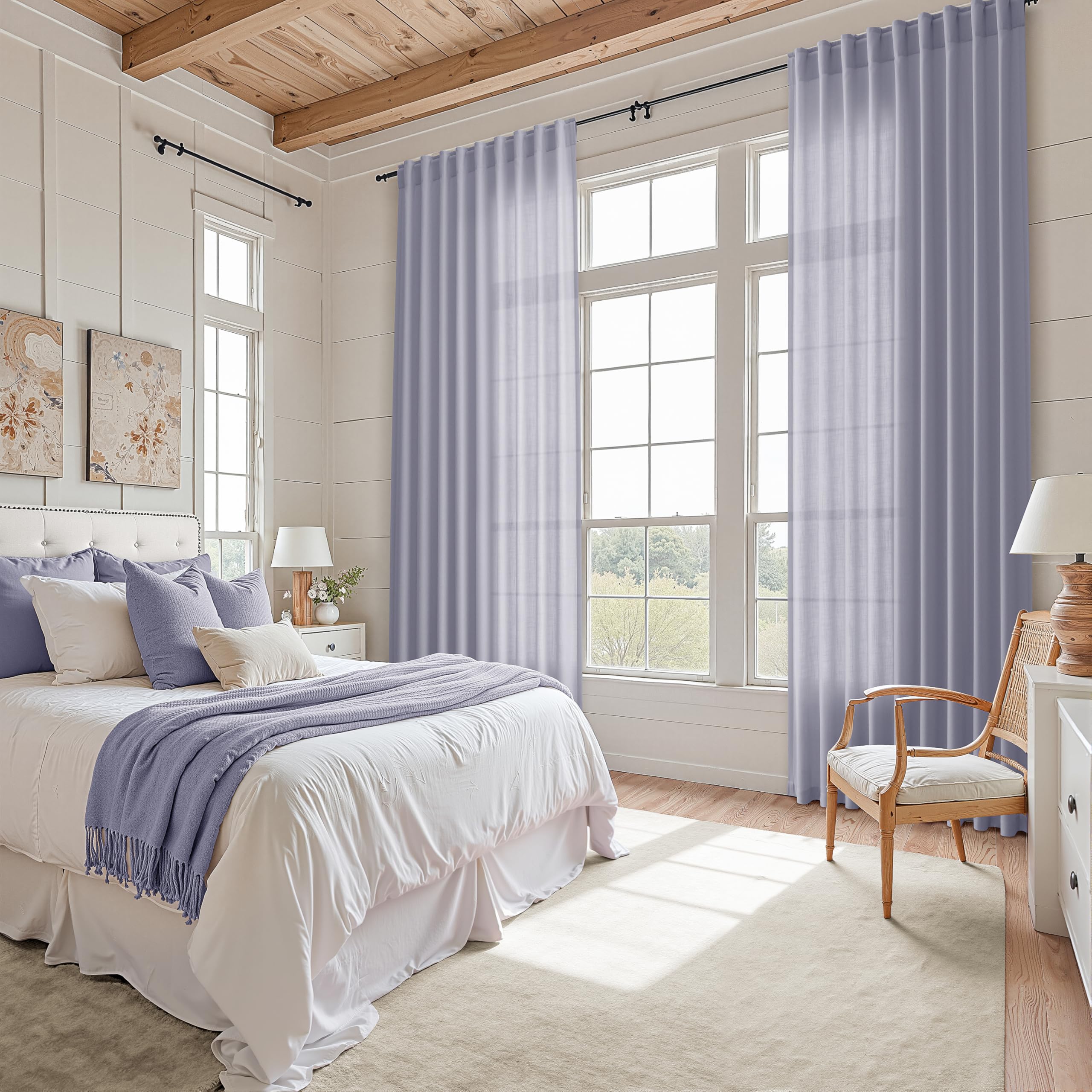 Nanspring Lavender Purple Linen Curtains 90 Inches Long for Living Room Boho Decor Light Filtering Semi Sheer Curtain Back Tab and Rod Pocket Modern Luxury Drapes for Bedroom Office 52x90, 2 Panels