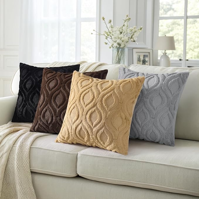 decorUhome Faux Fur Plush Soft Black Throw Pillow Covers 18x18 Set of 2
