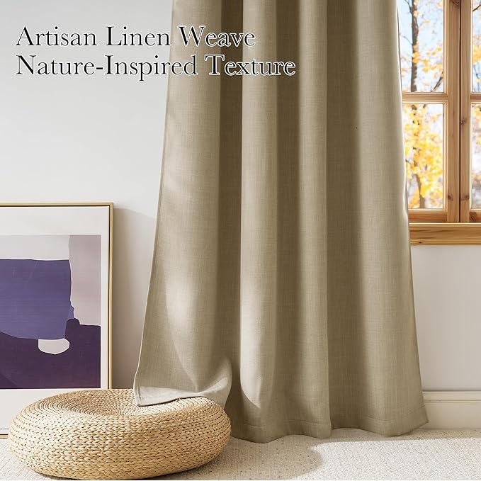 NICETOWN Oatmeal Faux Linen Room Darkening Rod Pocket Curtains 63 inch Length, W42 x L63, Light Blocking Thermal Insulated Noise Reducing Drapes for Bedroom Living Room Farmhouse Decor, 2 Panels