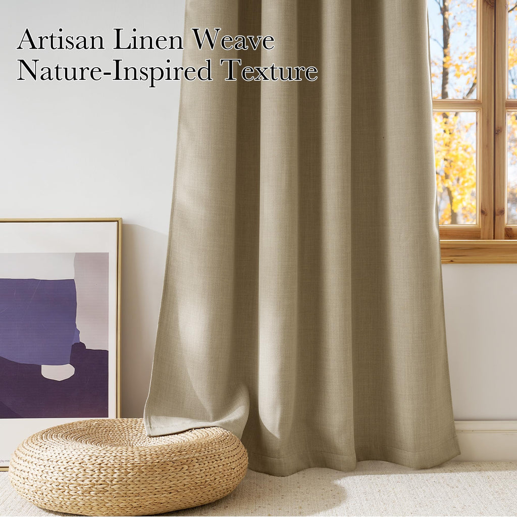 NICETOWN Oatmeal Faux Linen Room Darkening Rod Pocket Curtains 63 inch Length, W42 x L63, Light Blocking Thermal Insulated Noise Reducing Drapes for Bedroom Living Room Farmhouse Decor, 2 Panels