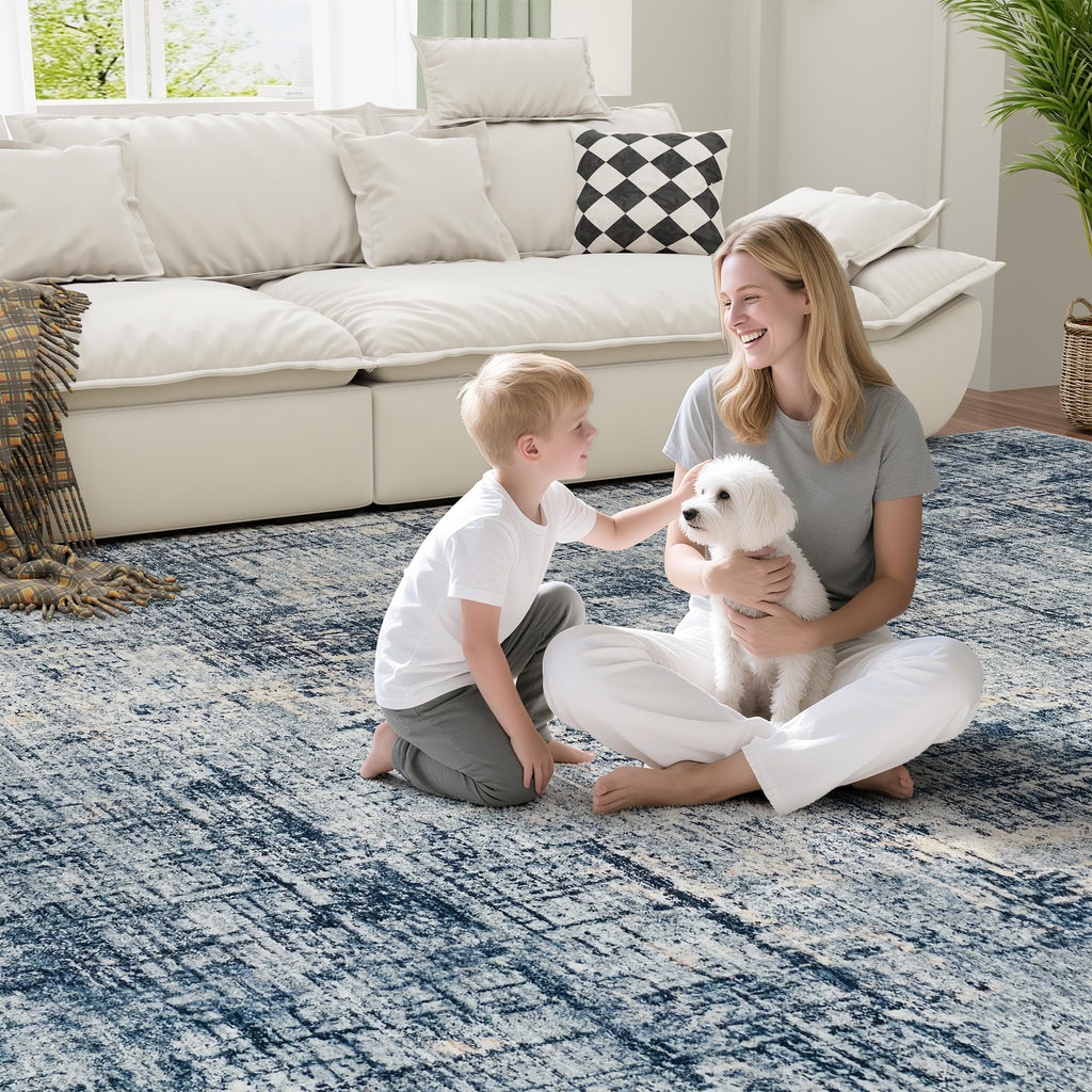 8x10 Washable Area Rug for Living Room Bedroom: Non-Slip Modern Blue Gold