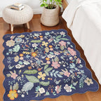 Floral Square Area Rug for Family: Washable 5x5 Scalloped Carpet for Living Room Bedroom Soft Water Resistant Floor Mat with Non Slip Backing for Kitchen Nursery Dorms Farmhouse Home Decor(5x5,Purple)