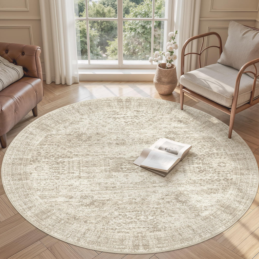 Soalmost 6x6 Beige Round Rug 6ft Circle Living Room Area Rugs Non-Slip