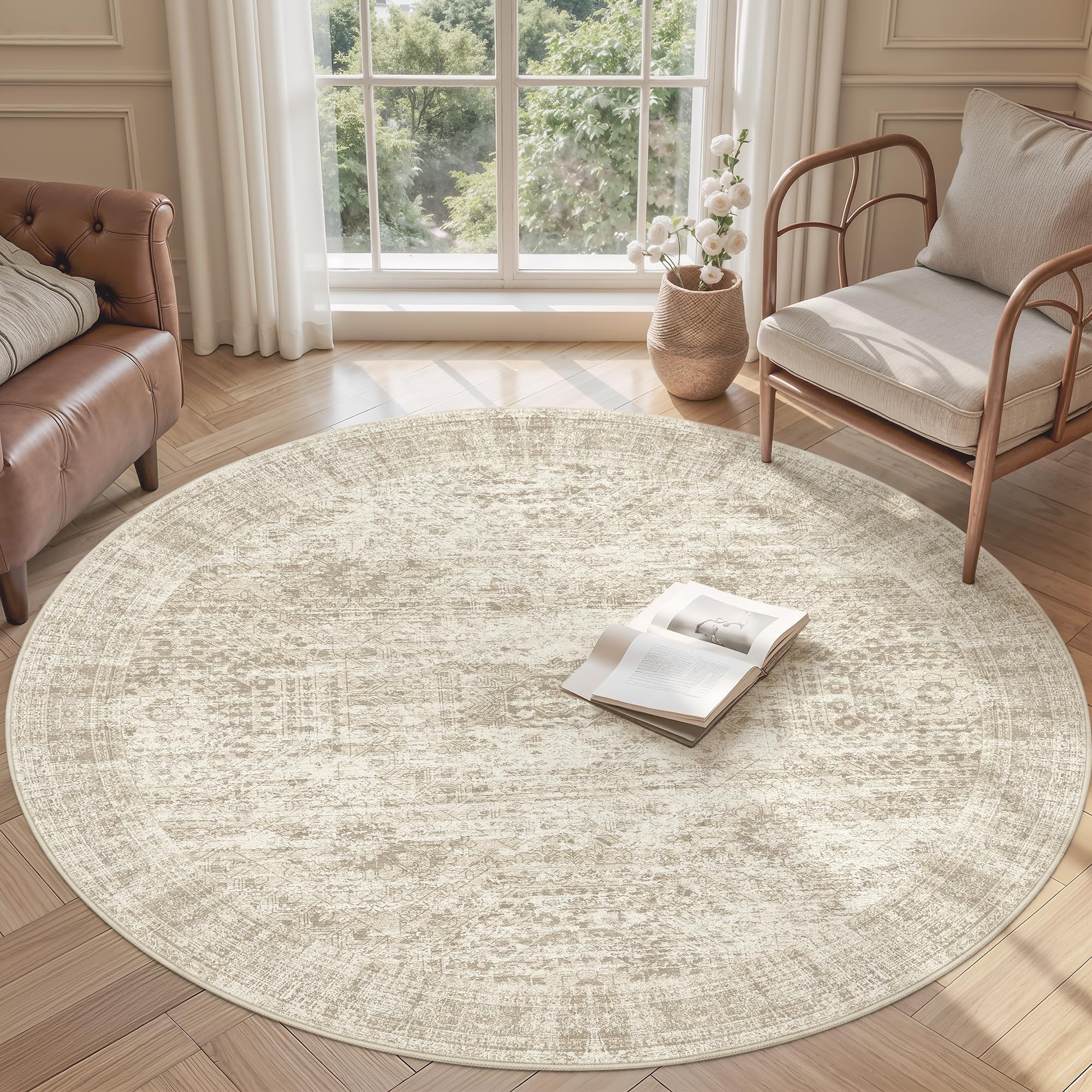 Soalmost 6x6 Beige Round Rug 6ft Circle Living Room Area Rugs Non-Slip