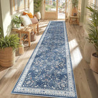 Yamaziot Washable Runner Rug 2x10 – Floral Non Slip Boho Hallway Runner Rug with Rubber Backing, Low Pile Faux Wool Distressed Carpet for Kitchen, Laundry, Bedroom, Entrance, Blue