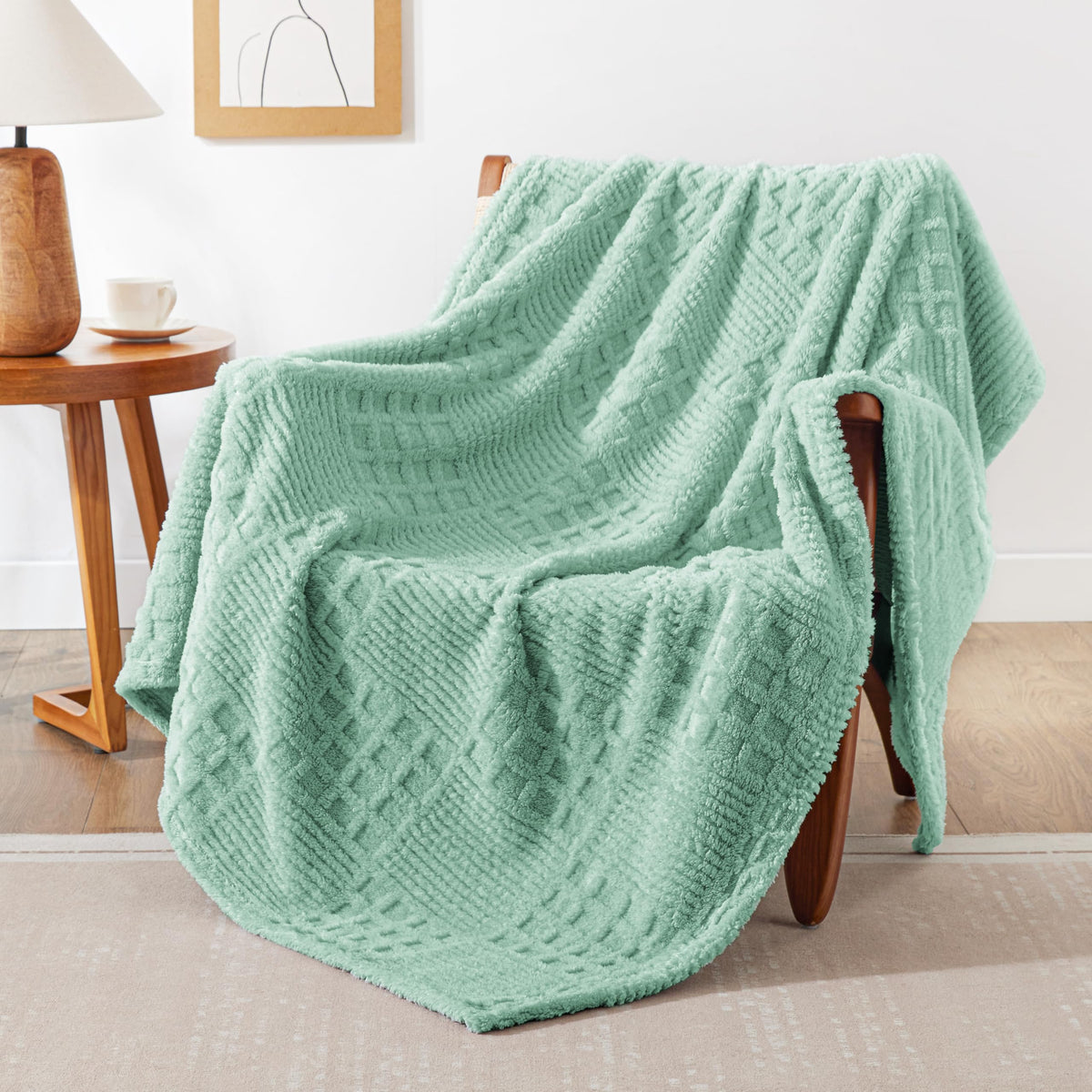 EXQ Home Blue Fleece Throw Blanket for Couch or Bed Waffle Pattern Decor