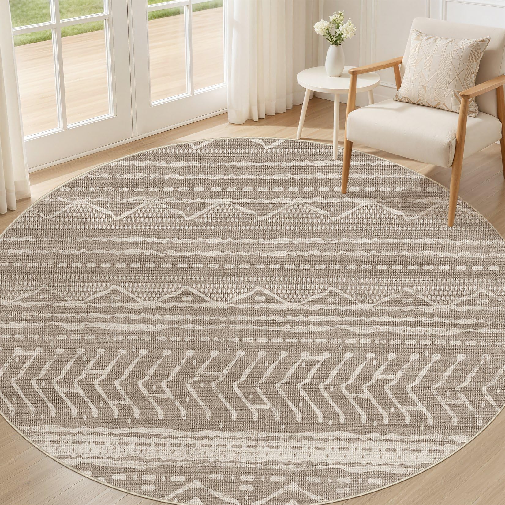 Nakagishi Area Rug Living Room Rugs: 4X4 Machine Washable Boho Large Neutral Farmhouse Stain Resistant Moroccan Indoor Floor Carpet for Bedroom Nursery Dorm Dining Room Home-Dark Brown