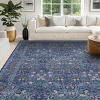 Hazo Haus Boho 8x12 Washable Dark Blue Rug for Living Room - Large Area Rug for Dining Room Under Table, Bedroom Under Bed, Vintage Floral Design, Low Pile & Soft Indoor Décor