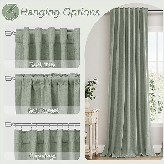 Guken 100% Blackout Curtains 90 Inch Length 2 Panels Set for Living Room Bedroom Back Tab Thermal Insulated Black Out Linen Drapes Room Darkening Window Curtains 90 Inches Long,Desert Sage