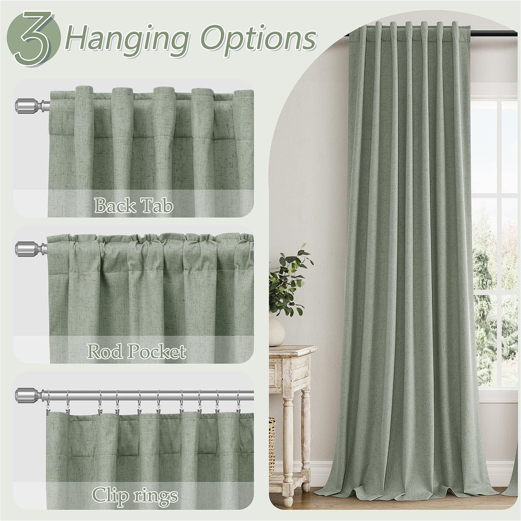 Guken 100% Blackout Curtains 96 Inch Length 2 Panels Set for Living Room Bedroom Back Tab Thermal Insulated Black Out Linen Drapes Room Darkening Window Curtains 96 Inches Long,Desert Sage