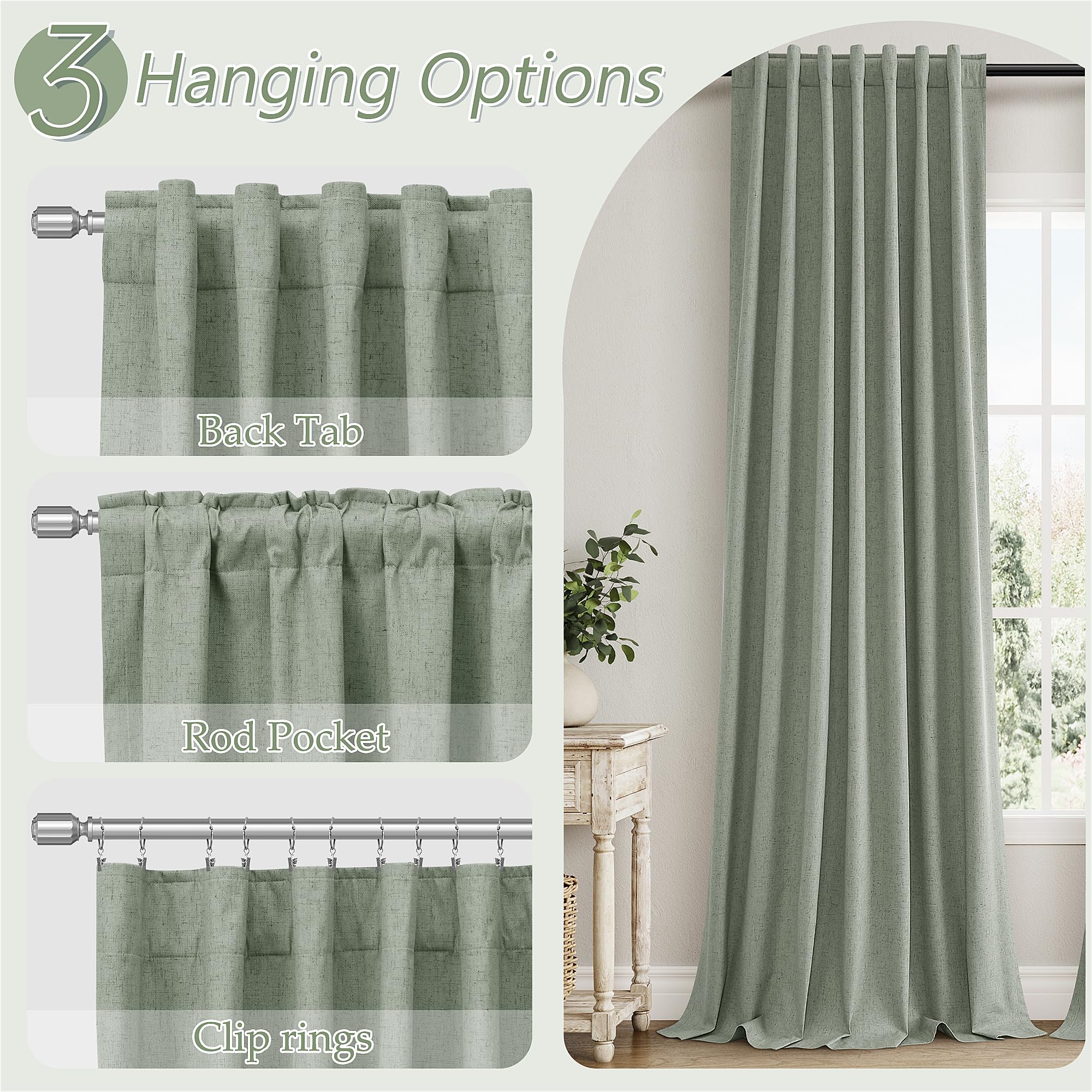 Guken 100% Blackout Curtains 96 Inch Length 2 Panels Set for Living Room Bedroom Back Tab Thermal Insulated Black Out Linen Drapes Room Darkening Window Curtains 96 Inches Long,Desert Sage