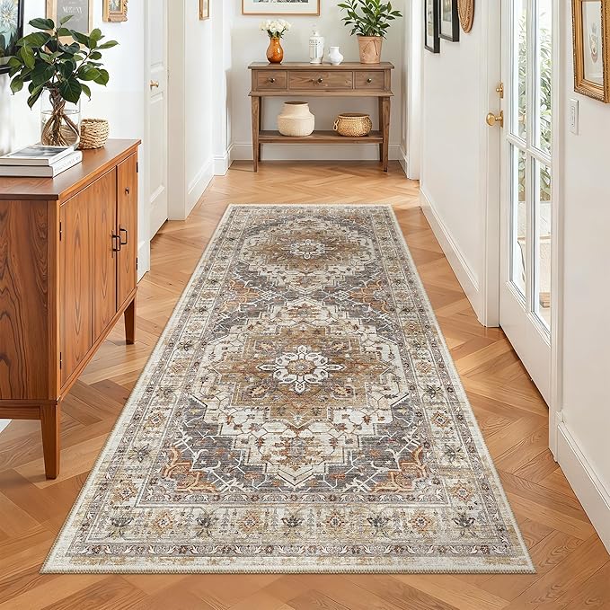 Madane Washable Runner Rug 3x6 Runners for Hallways Non Slip, Turmeric/Grey