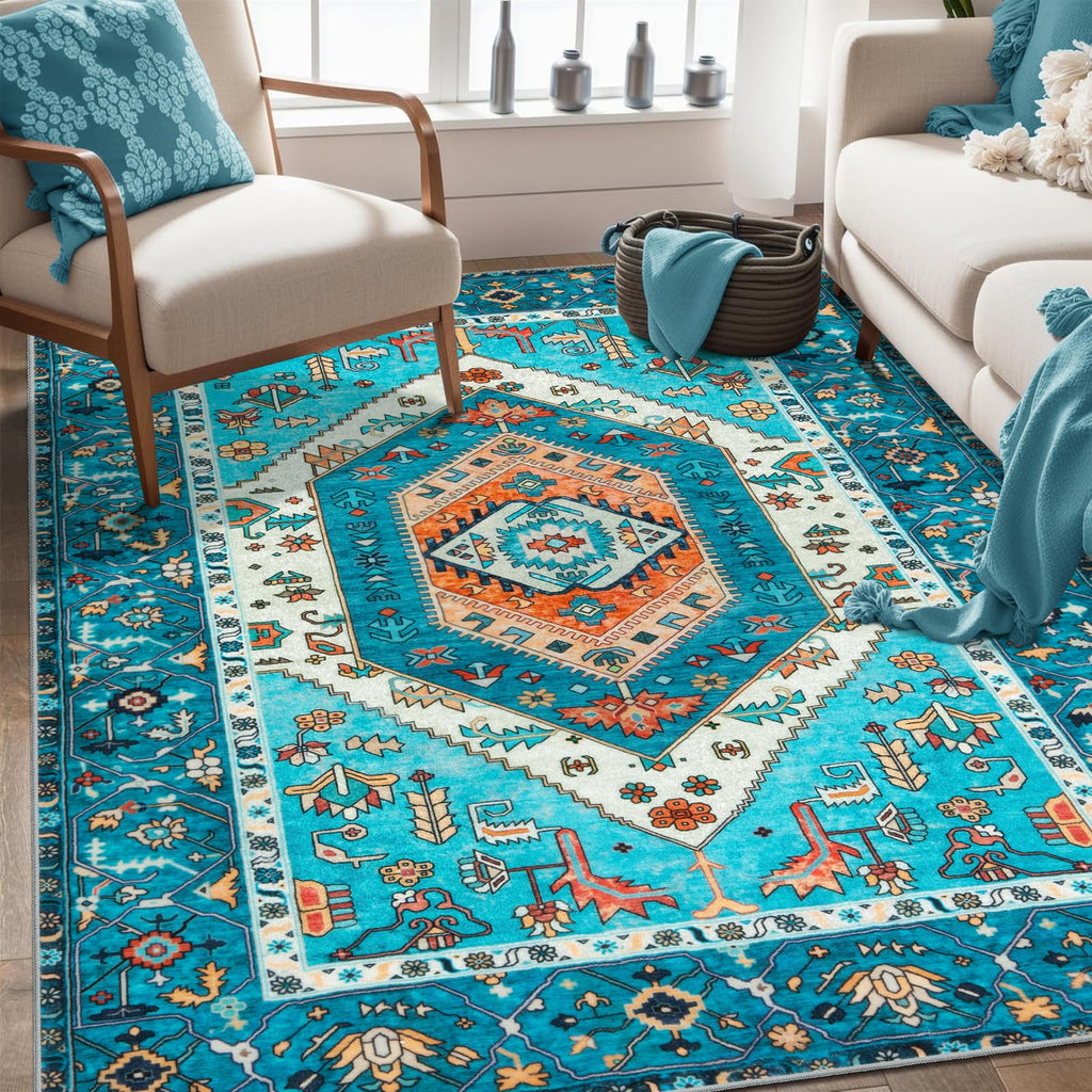 SERISSA 4x6 Washable Non Slip Boho Area Rug for Bedroom，Blue