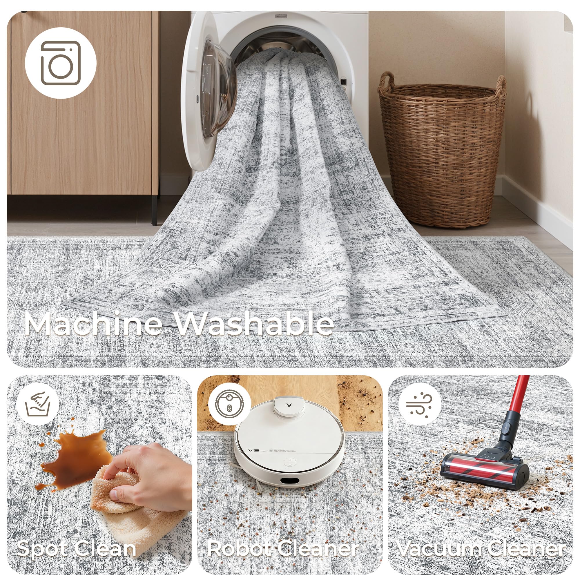 Restydon 2'6 x 12' Runner Rug Non Slip,Washable Kitchen Rugs,Grey