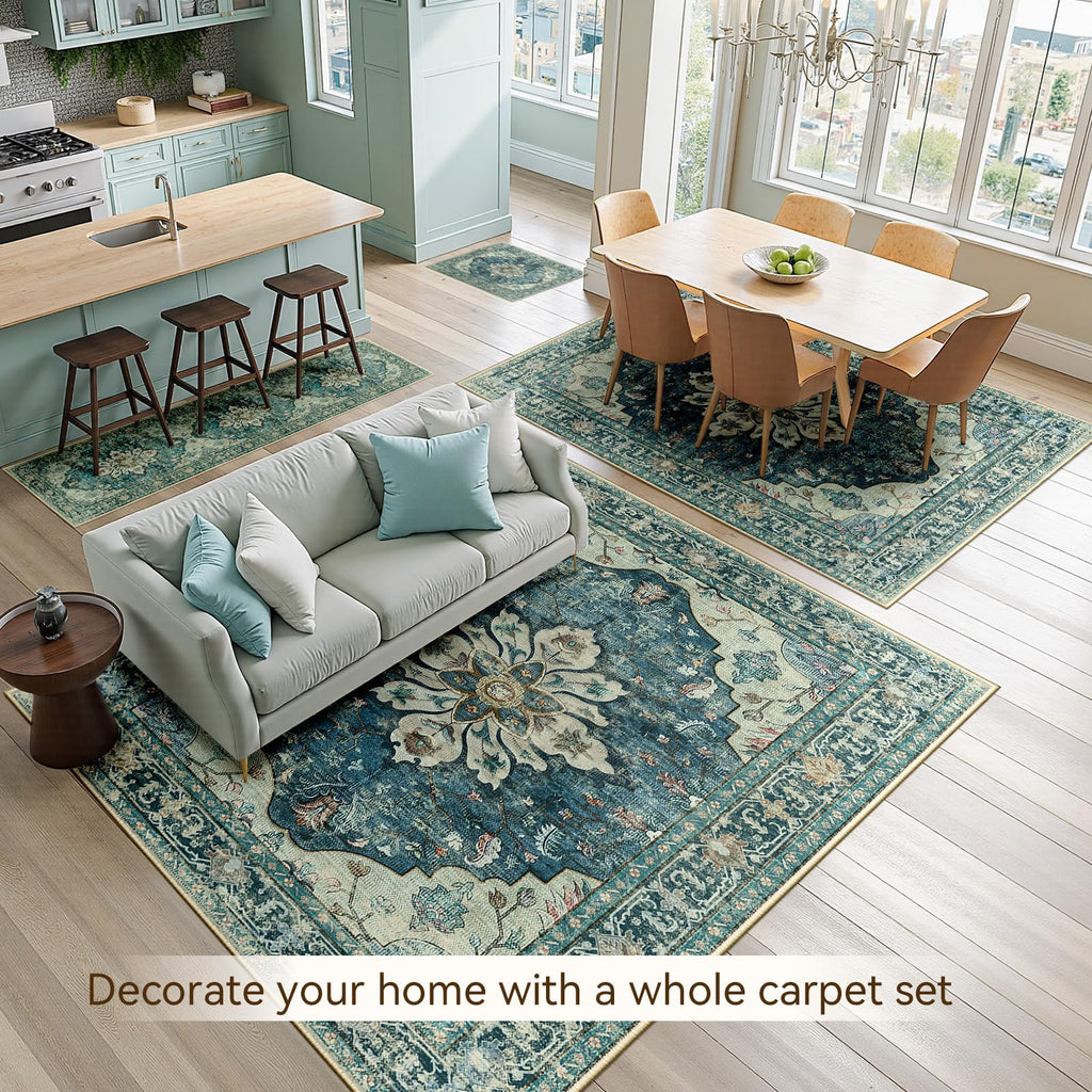 RELEANY Washable Area Rug, 3'x5', Blue/Vintage Dark Blue