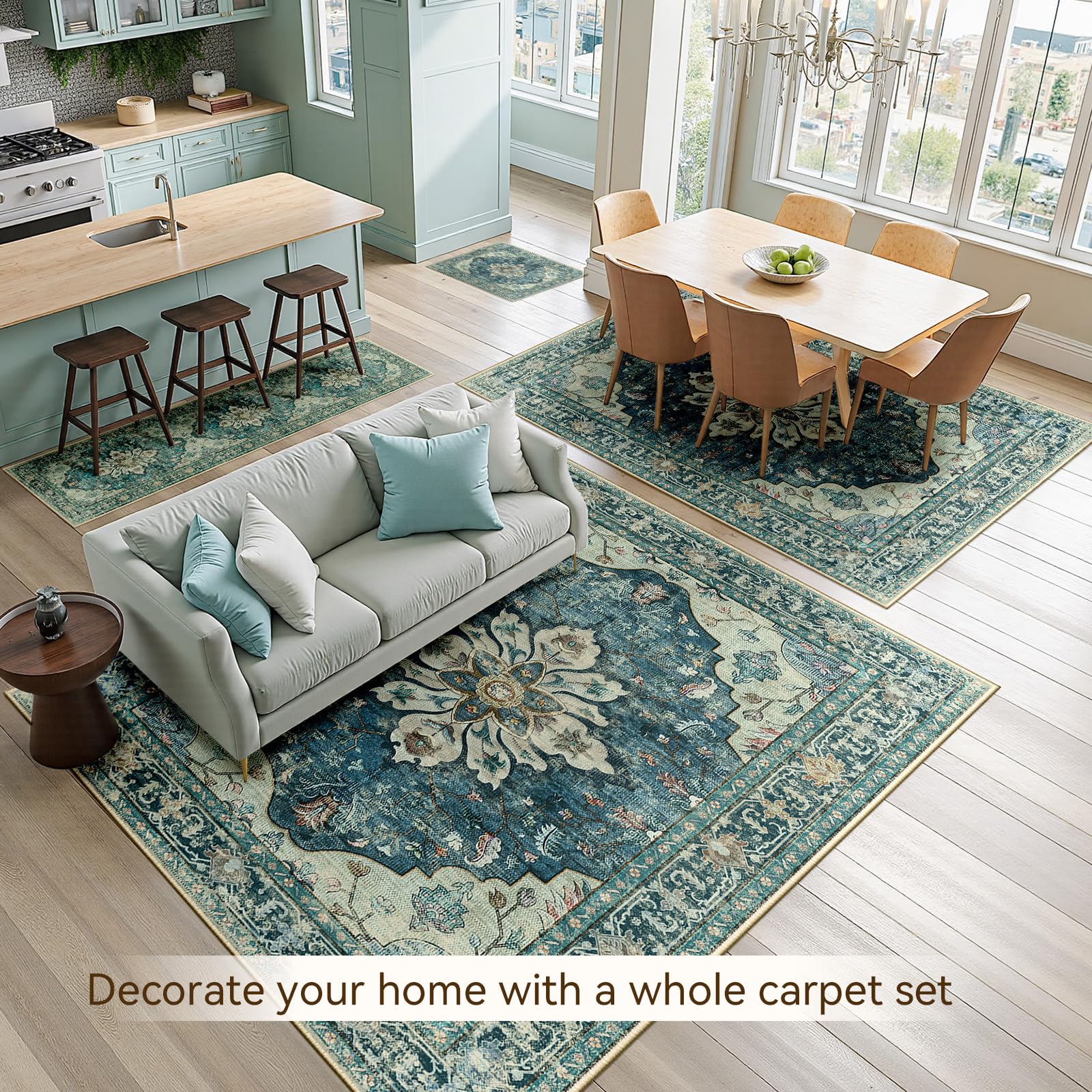 RELEANY Washable Area Rug, 3'x5', Blue/Vintage Dark Blue