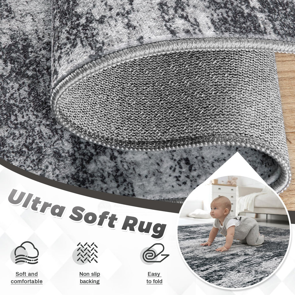 pmtsns Area Rugs 6x9 for Living Room: Washable Rug Modern Abstract Neutral Soft Non-Slip Low-Pile Indoor Carpet for Bedroom Dining Room Playroom Home Office (Black Grey, 6'x9')