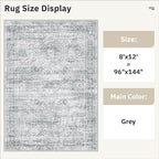 Washable Area Rug 8x12, Large Soft Rugs for Living Room Vintage Grey Carpet 8x12 Area Rugs for Bedroom Dining Room Non-Slip Stain Resistant Under Table Rug