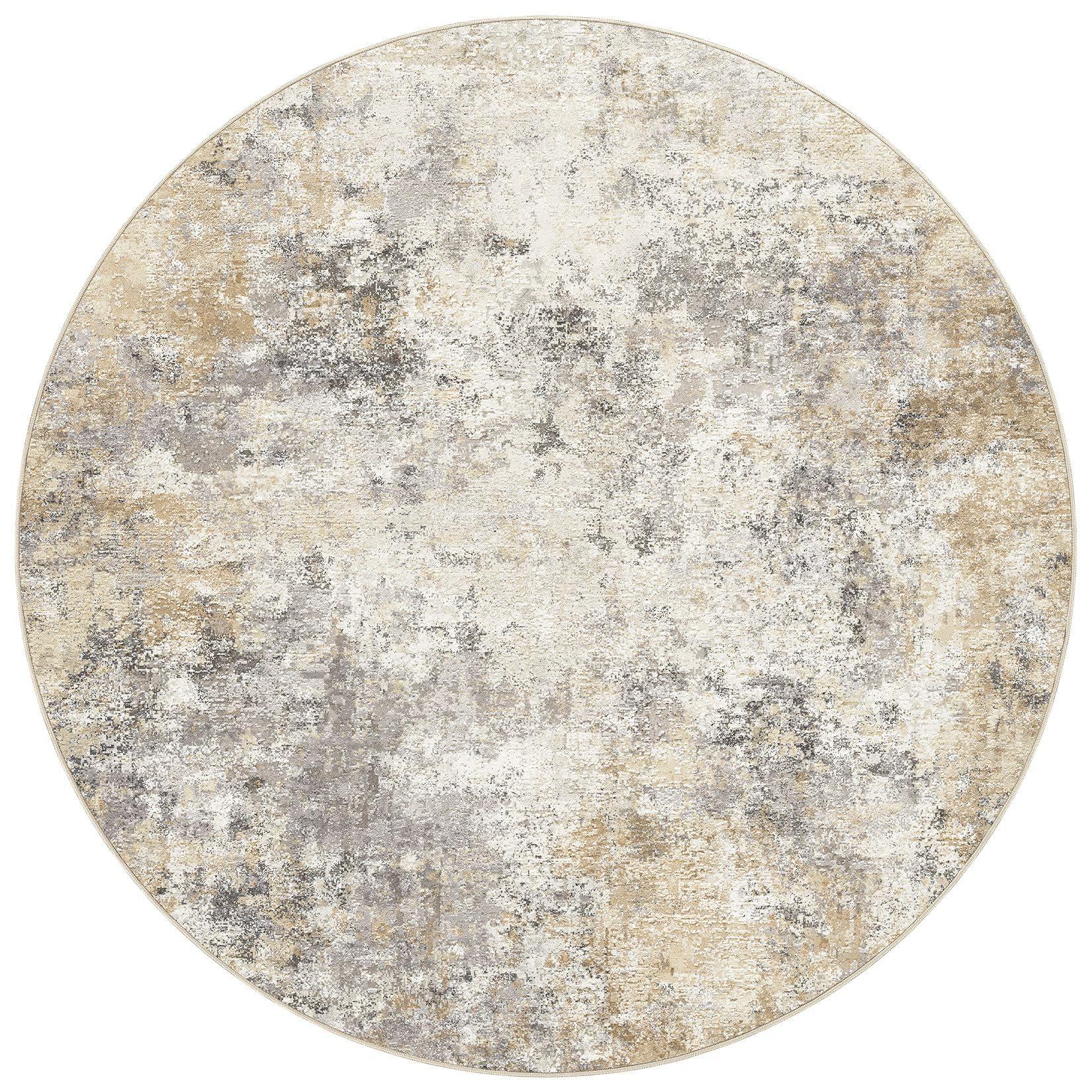UERMEI 8ft Round Area Rug Living Room Rugs - 8x8 Washable Neutral Modern Abstract Soft Thin Rug Indoor Floor No Slip Rug Carpet for Bedroom Under Dining Table Home Office Decor - Golden Grey